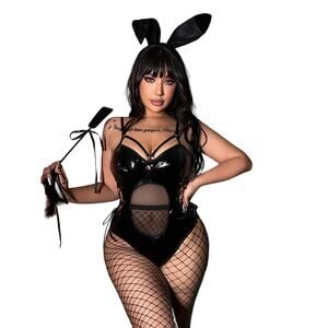 New 4XL Vegan Leather‎ Black Bunny Bodysuit Halloween Costume Set Cosplay